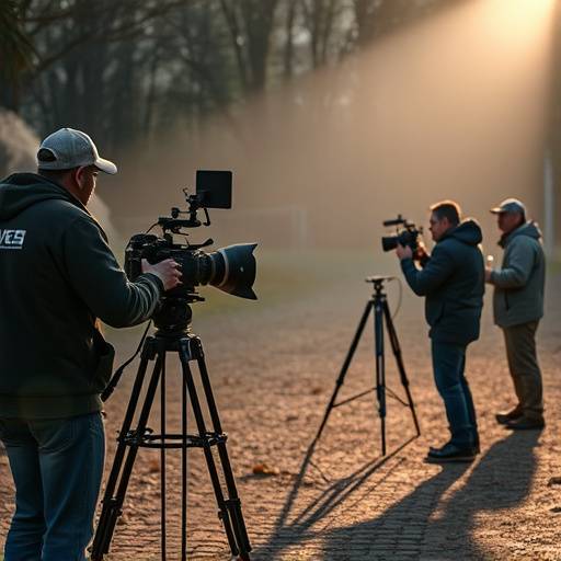 Professional crew filming on location with high-quality cameras and equipment.